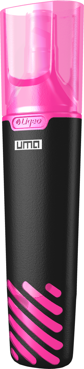 Ein magentafarbener Textmarker mit schwarzem Schaft und magentafarbenem Deckel.